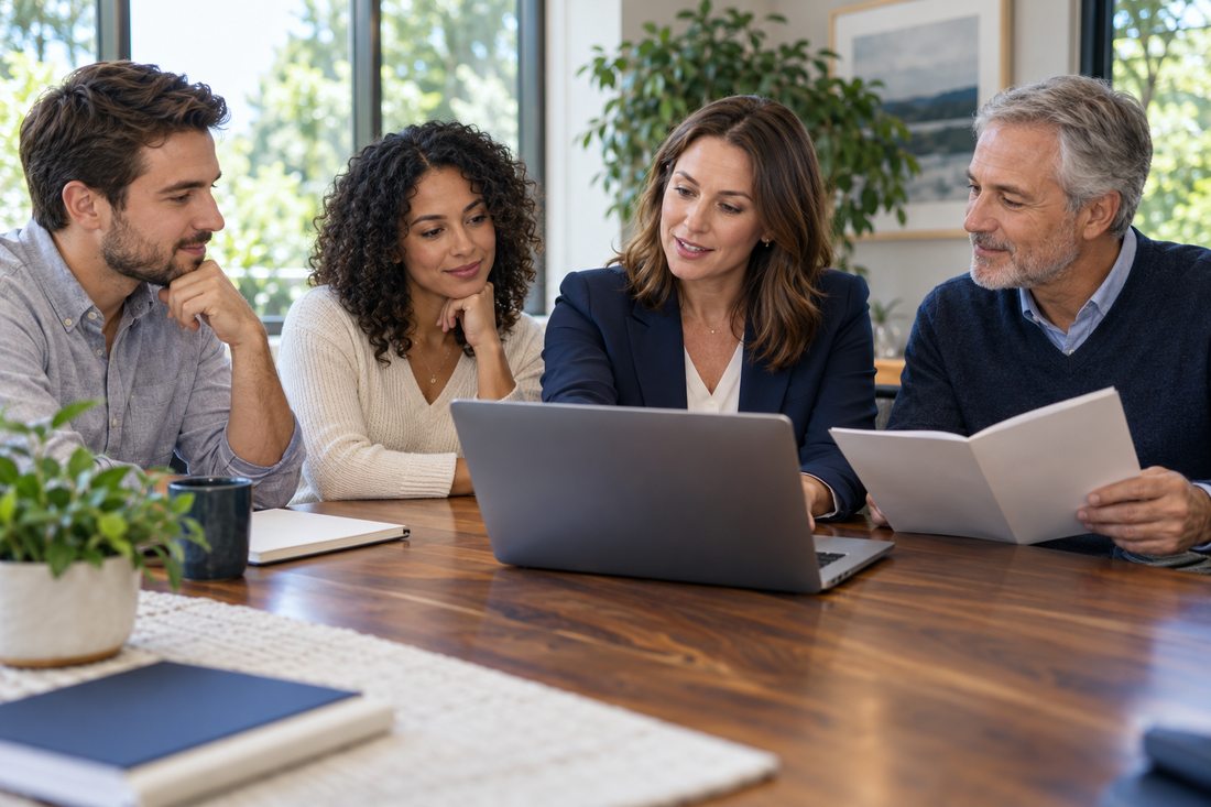 Colleagues discussing employee benefits around a laptop